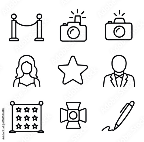 Red Carpet Icons. Outline icon set of red carpet gala features: velvet rope, camera flash, paparazzi camera, actress silhouette,