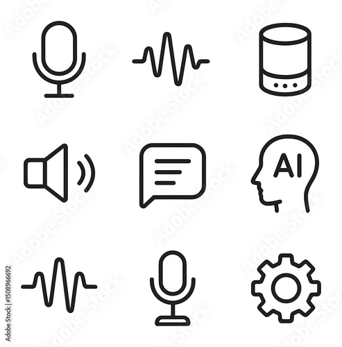 Voice Recognition Icons. Outline icon set of voice recognition systems: microphone icon, waveform