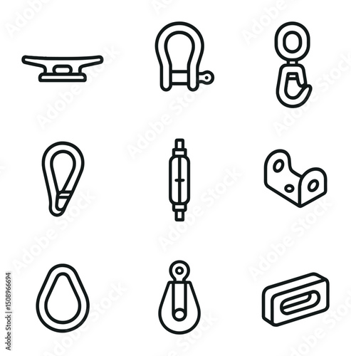 Nautical Hardware Icons. Outline icon set of nautical hardware: cleat, shackle, swivel hook, snap hook, turnbuckle, fender hook,