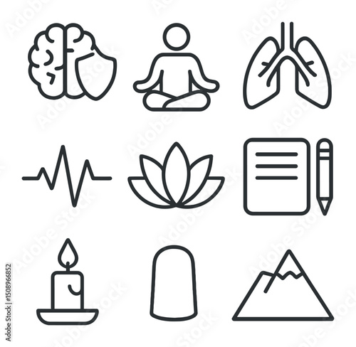 Stress Resilience Icons. Outline icon set of stress resilience techniques: brain with shield, meditation pose, breathing lungs,