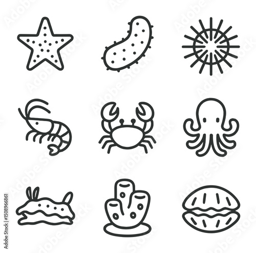 Reef Invertebrates Icons. Outline icon set of reef invertebrates: sea star, sea cucumber, sea urchin, shrimp, crab, octopus,