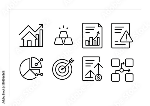 Business analytics and financial strategy icons for economic analysis and planning