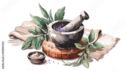 A beautifully illustrated mortar and pestle surrounded by fresh herbs and flowers, showcasing a natural and holistic approach to herbal remedies. Perfect for wellness and botanical designs.