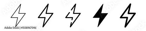 Conjunto de iconos de rayo. Energía, poder y señal visual. Indicador de electricidad, velocidad, alerta de impacto, fuerza dinámica. Ilustración vectorial