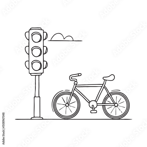 A traffic light standing by a bike halted at the curb
