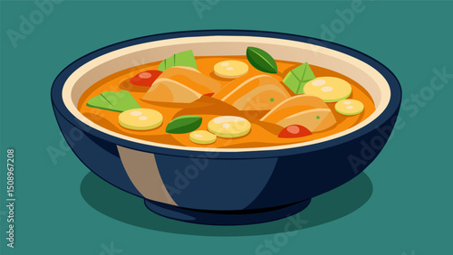 A rich golden broth swimming with tender chicken chunks of sweet potato and the intense flavors of pepian.. Vector illustration
