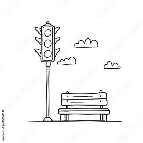 A traffic light near a corner bench by the street