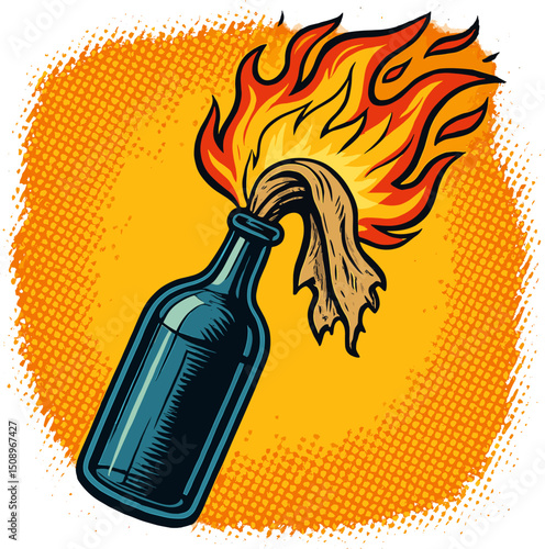 A vibrant retro illustration of a Molotov cocktail with an erupting flame. This eye-catching design can be used for social or political commentary in various contexts.