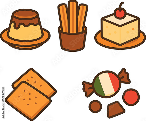 A delightful assortment of vector illustrations featuring various desserts including flan, churros, cheesecake, crackers, and candy. Perfect for food-related designs.