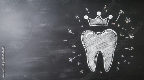 Drawing of a tooth crowned with a crown illustrating dental health on a chalkboard background