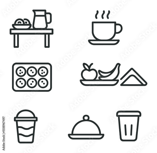 Refreshments Icon Set. Outline icon set of refreshments and snacks: snack table, beverage dispenser, coffee cup, cookie tray,