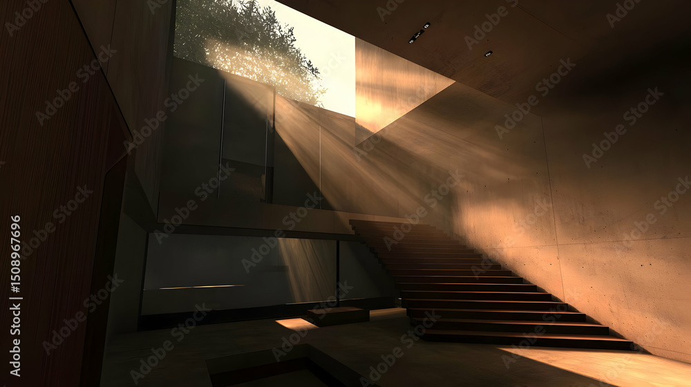 Fototapeta premium Modern Concrete Interior With Wooden Stairs And Sunlight