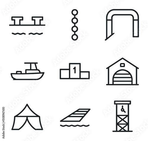 Regatta Icon Collection. Outline icon set of regatta elements: starting blocks, racing lane buoys, finish line arch, umpire launch