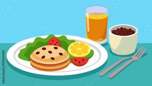 A traditional Nicaraguan breakfast featuring gallo pinto is often accompanied by a glass of freshly squeezed fruit juice and a stack of fluffy pancakes.. Vector illustration