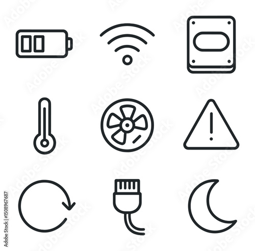 System Status Icons. Outline icon set of system status indicators: battery level, Wi-Fi signal, storage drive, CPU temperature,