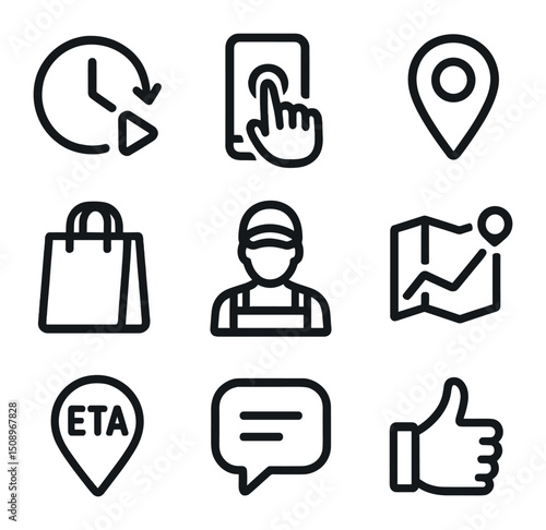 On-Demand Service Icons. Outline icon set of on-demand service models: clock with play button, smartphone request, location pin,