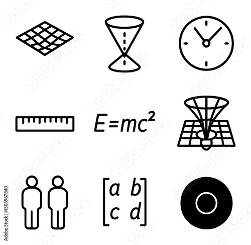 Relativity Icon Set. Outline icon set of relativity: spacetime grid, light cone, time dilation clock, length contraction ruler,