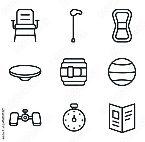 Rehabilitation Equipment Icons. Outline icon set of rehabilitation equipment: therapy chair, walking cane, resistance band,