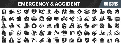 Emergency and accident black icons collection. Big UI icon set in a flat design. Vector illustration EPS10