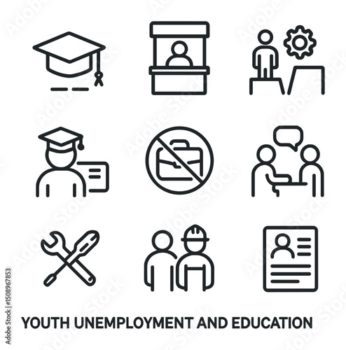 Youth Employment Challenge Icons. Outline icon set of youth unemployment and education: graduation