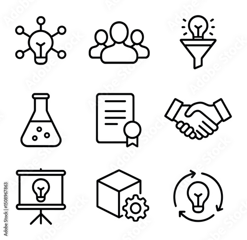 Open Innovation Icons. Outline icon set of open innovation ecosystems: lightbulb network, crowd silhouette, idea funnel, R&D lab