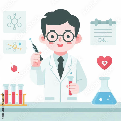 Cartoon scientist holding syringe  test tube amidst lab equipment