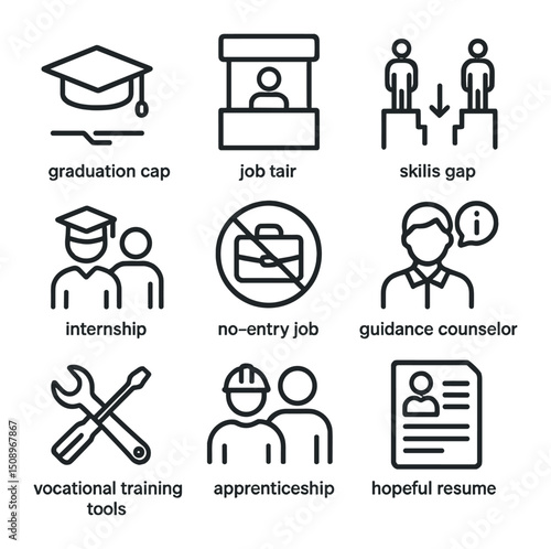 Youth Employment Challenge Icons. Outline icon set of youth unemployment and education: graduation