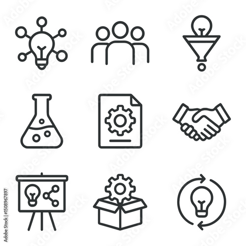 Open Innovation Icons. Outline icon set of open innovation ecosystems: lightbulb network, crowd silhouette, idea funnel, R&D lab