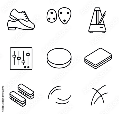 Tap Dance Gear Icons. Outline icon set of tap dance gear: tap shoes, heel taps, toe taps, metronome, soundboard, practice pad,
