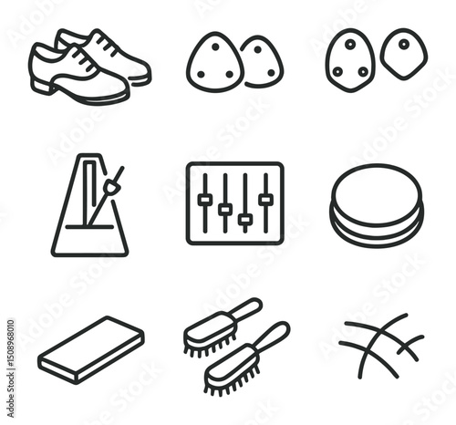 Tap Dance Gear Icons. Outline icon set of tap dance gear: tap shoes, heel taps, toe taps, metronome, soundboard, practice pad,