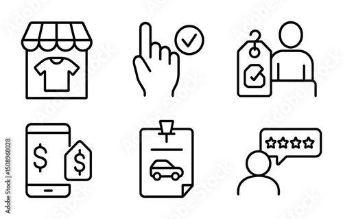 E-commerce icons for shopping, pricing, and customer review themes