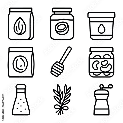 Paleo Pantry Icons. Outline icon set of paleo pantry staples: almond flour bag, coconut oil jar, ghee tub, dried fruit packet,