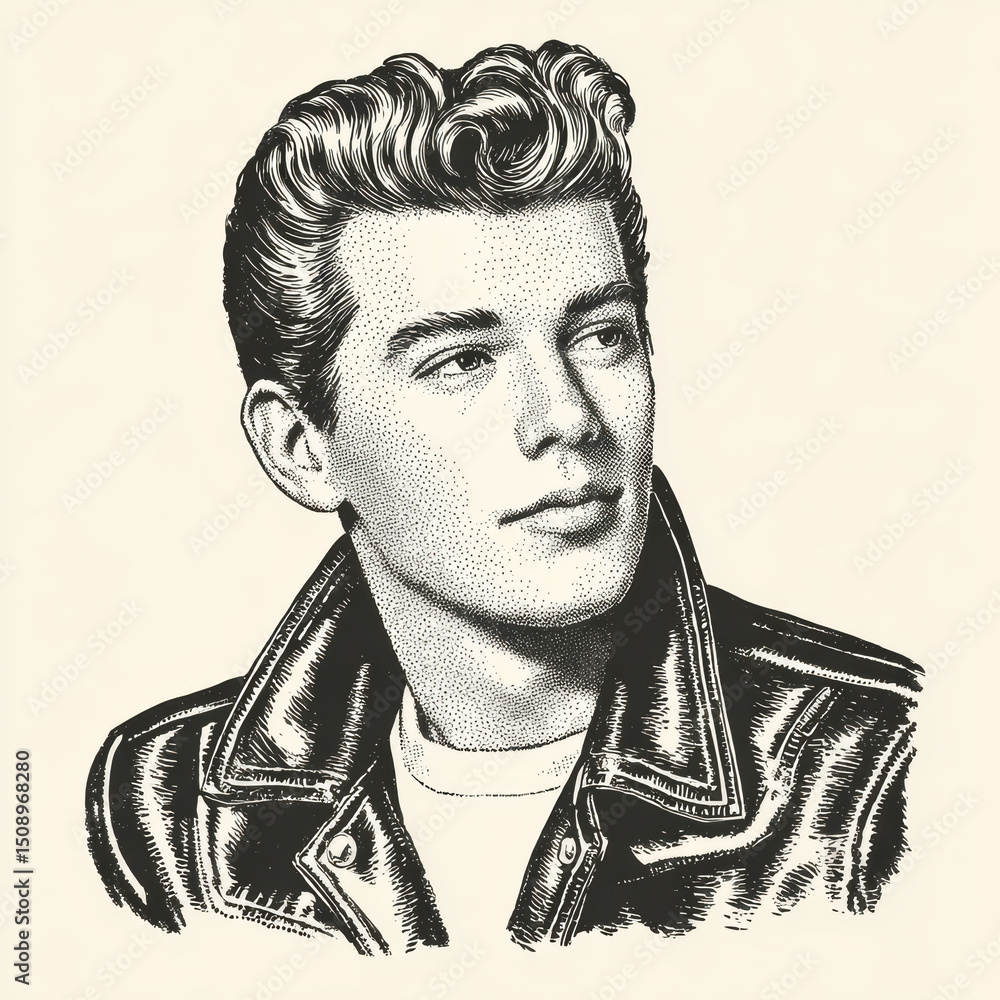 Obraz premium Vintage man portrait with pompadour hairstyle and leather jacket, classic rockabilly style