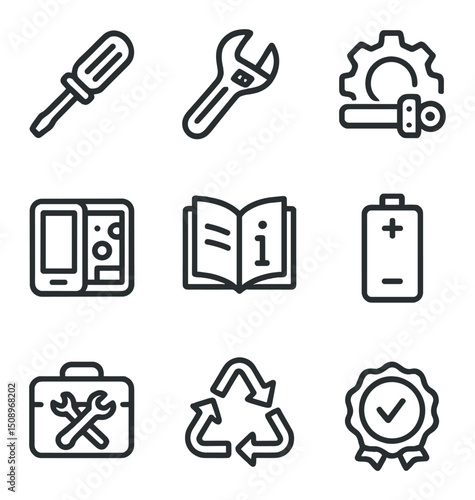 Repair Icons Set. Outline icon set of repairability features: screwdriver, adjustable wrench, spare part, open device panel, user