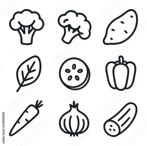 Paleo Vegetables Icons. Outline icon set of paleo vegetables lineup: broccoli head, cauliflower floret, sweet potato, spinach leaf