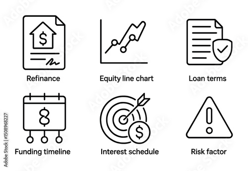 Finance icons set featuring charts, loan terms, and risk factors for business use