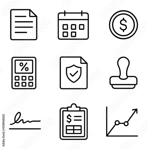 Repayment Plan Icons. Outline icon set of repayment plan proposals: plan summary, payment calendar, installment amount, interest