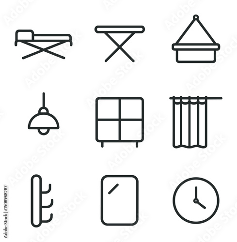Temporary Living Icon Set. Outline icon set of temporary living amenities: foldable bed, portable desk, hanging shelf, lamp