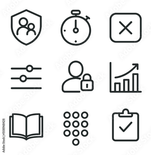 Parental Control Icons. Outline icon set of parental controls & access restrictions: parental shield, time limit timer, blocked
