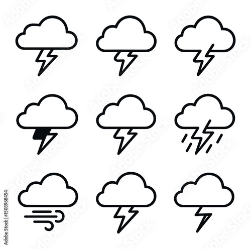 Thundercloud Icon Set. Outline icon set of dramatic thundercloud lighting: anvil cloud, underlight glow, backlit edge, dark core,
