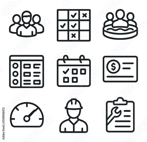 Resource Management Icons. Outline icon set of resource management: team avatars, skill matrix, resource pool, assignment board,
