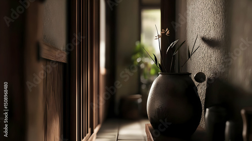 Japanese Interior Corridor With Wooden Walls And Vase