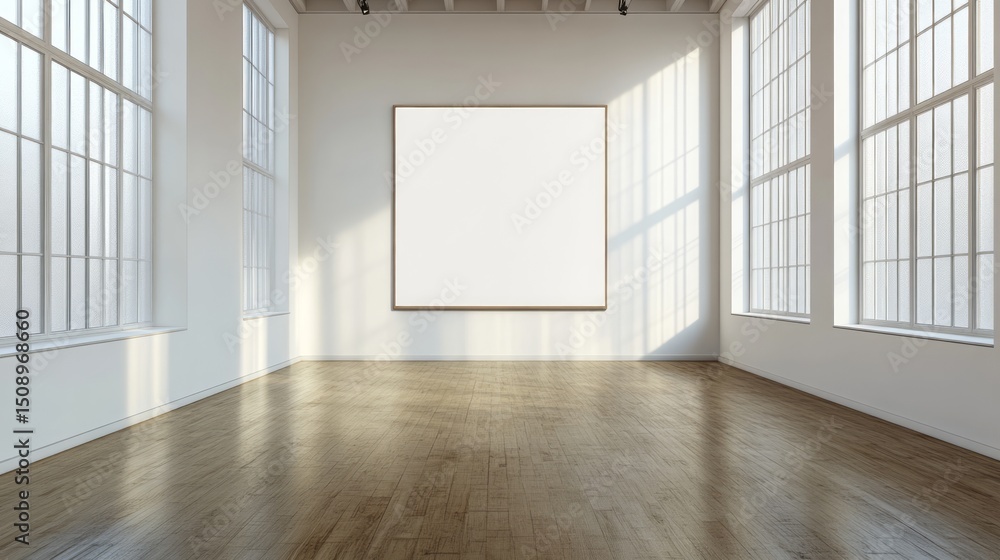 Obraz premium Empty room with large blank picture frame and large windows.