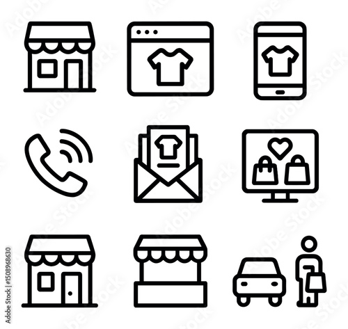 Retail Icons Grid. Outline icon set of retail multichannel setup: brick-and-mortar shop, online store browser, mobile app, phone