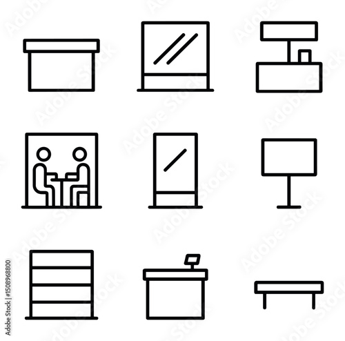 Retail Layout Icon Set. Outline icon set of retail layout elements: display counter, window installation, demo station,