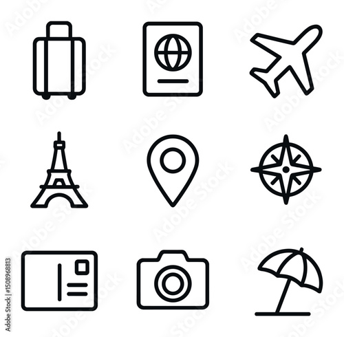 Travel Icons Grid. Outline icon set of travel destination posters: suitcase, passport, airplane silhouette, landmark monument, map