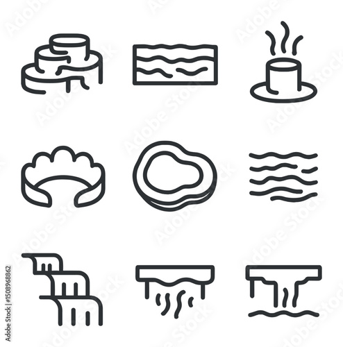 Travertine Spring Icons. Outline icon set of travertine spring formations: travertine terrace, mineral deposit band, hot spring