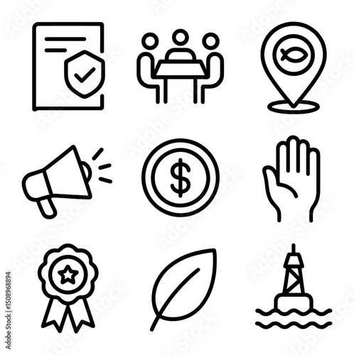 Pelagia Conservation Icons. Outline icon set of conservation and management of Pelagia blooms: policy document, stakeholder