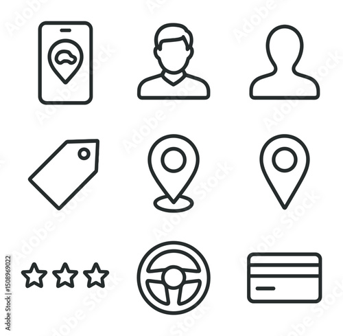 Ride-Sharing Icon Set. Outline icon set of ride-sharing services: smartphone with car pin, driver profile, passenger silhouette,