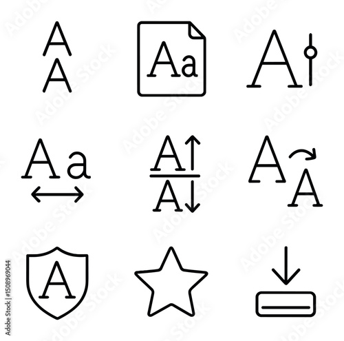 Typography Icon Set. Outline icon set of automated typography pairing: font stack, text preview, weight slider, kerning control,